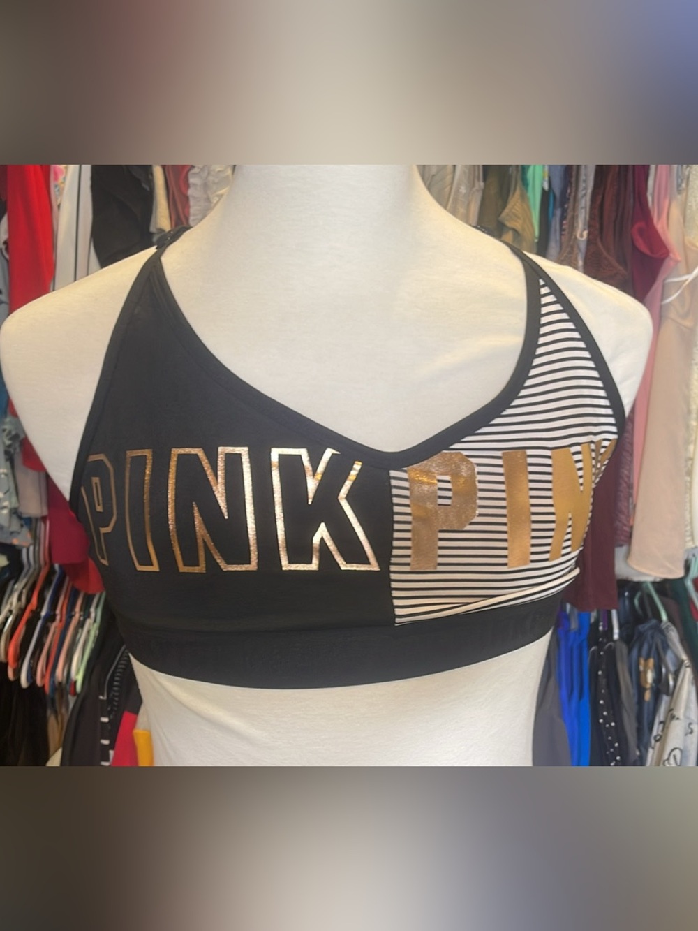PINK Victoria's Secret Black & Gold Logo Sports Bra